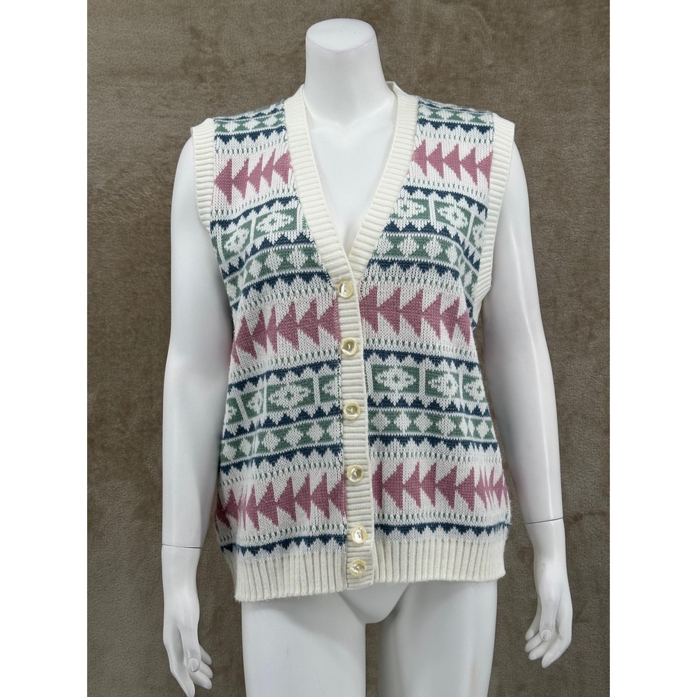 Vintage Season Ticket Sweater Vest‎ Womens Large Cream Cottage Grandma Knit USA